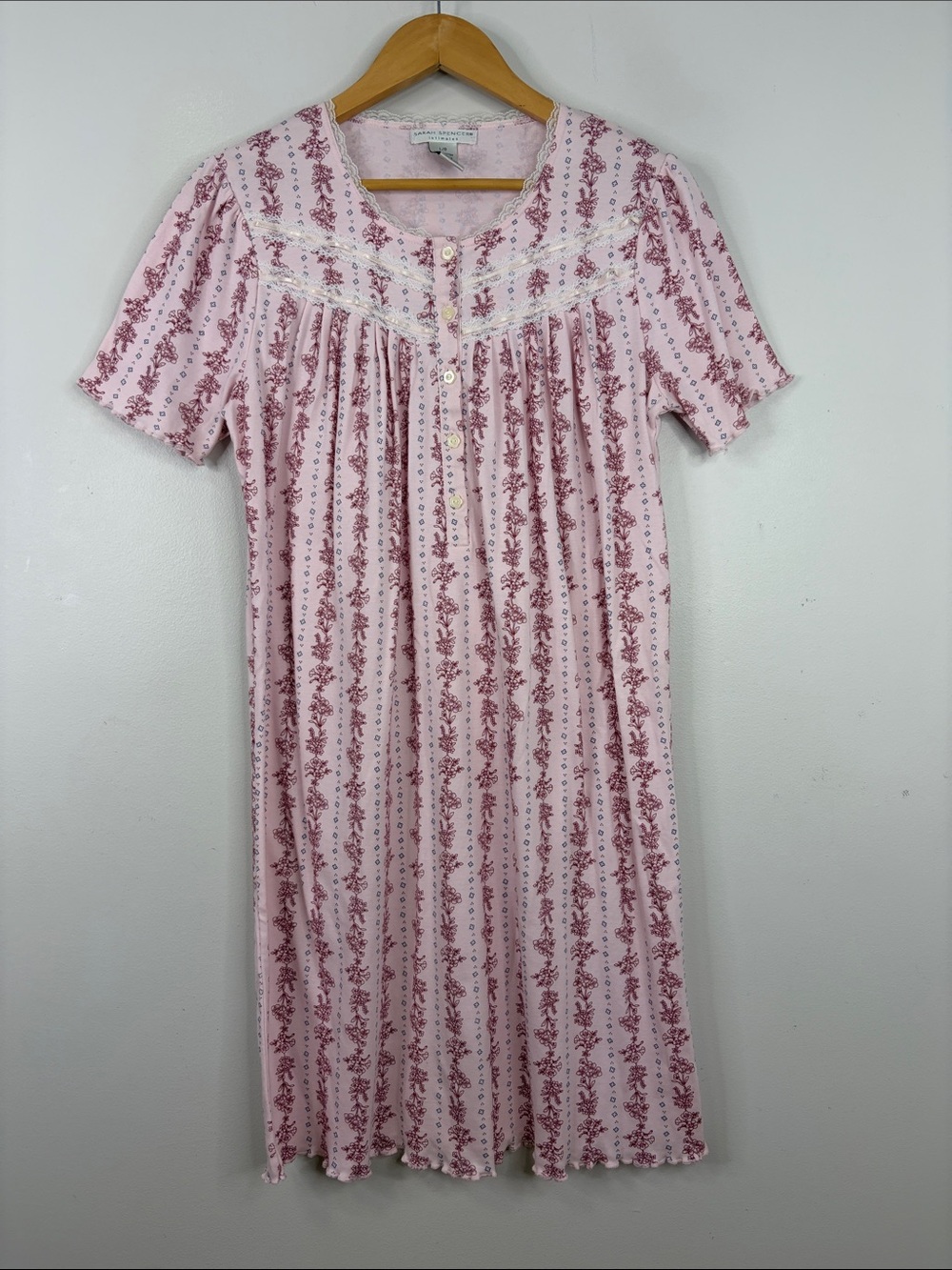 Vintage Cotton Nightgown Womens Medium Large Pink Floral Jersey Short Sleeve